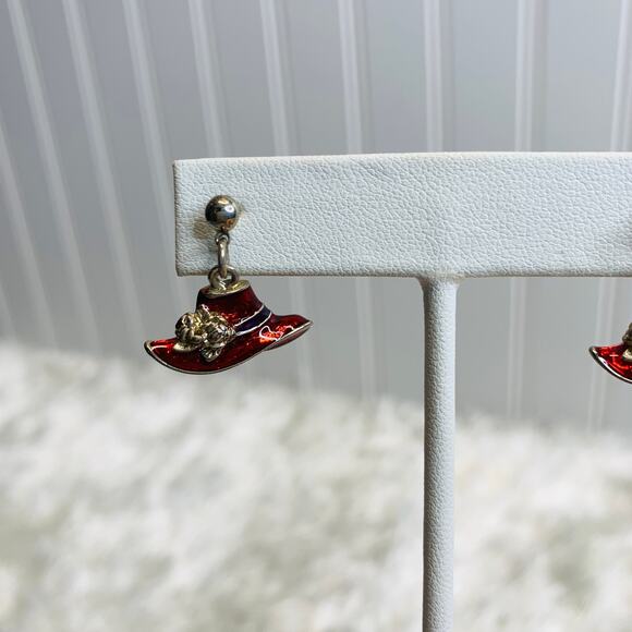 Dangle Earrings Red Hat Society Flowers 3/4" Long - Picture 2 of 4